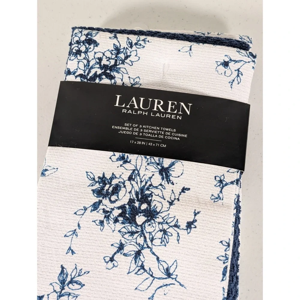 Lauren Ralph Lauren Kitchen Towels Set of 3 Blue Floral Stripe Indigo Cotton NWT